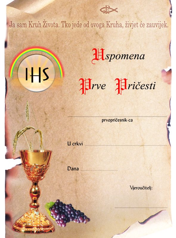 Uspomena na Prvu svetu pričest s IHS simbolom i kaležom