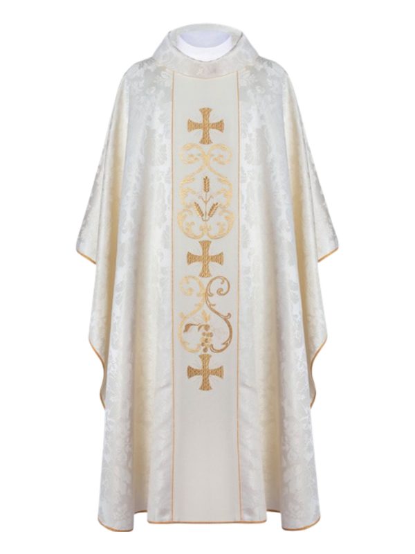 Liturgijska misnica Haftina KOR/148 od žakardnog materijala sa zlatovezom i zlatnim obrubom. BIJELA